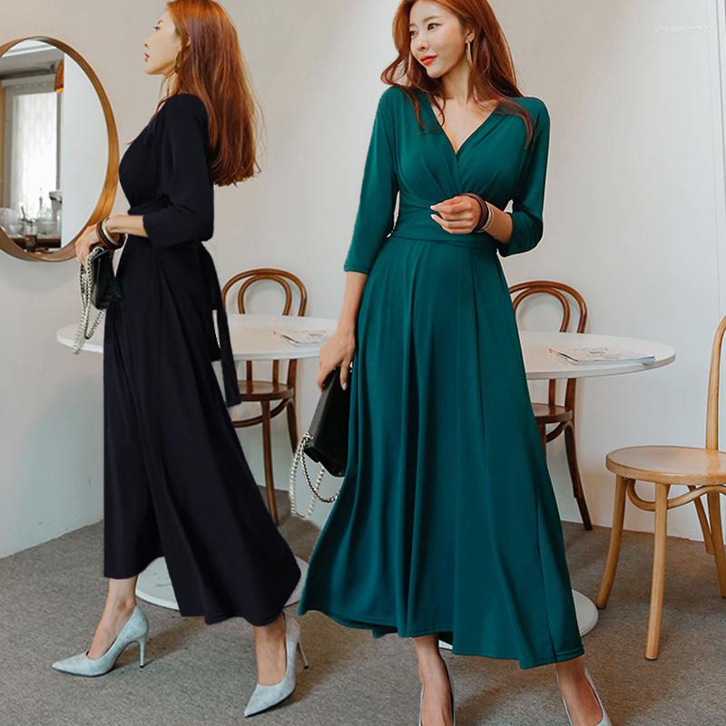

Casual Dresses Autumn Dark Green V-neck Party For Women 2022 Spring Simple Pullover Long Sleeve Zipper Vestidos Mujer Black Dress Woman