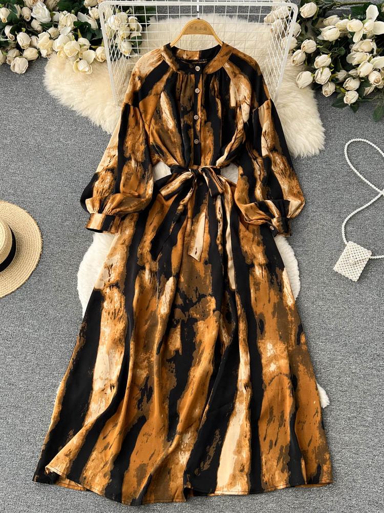 

Casual Dresses Women Autumn Winter Dress Ethnic Style Retro Lantern Sleeves French Waist Thin Printing Temperament A Word Vestidos D1968, Pink