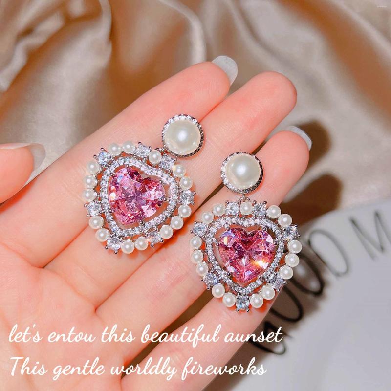 

Stud Earrings Exquisite Pink Zircon Yellow Diamond Love Pearl Female 925 Stamp Bright Party Birthday Jewelry Gift