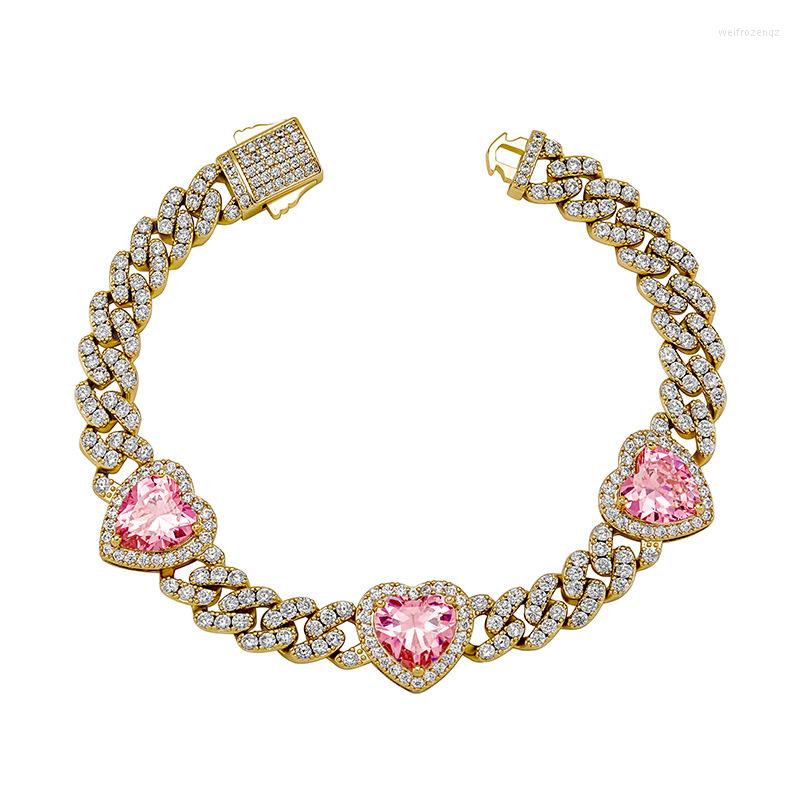 

Link Bracelets Hip Hop Jewelry For Women Diamond Bangle Iced Out Cubic Zirconia Bracelet 8mm Pink Heart Cuban Chain Fashion