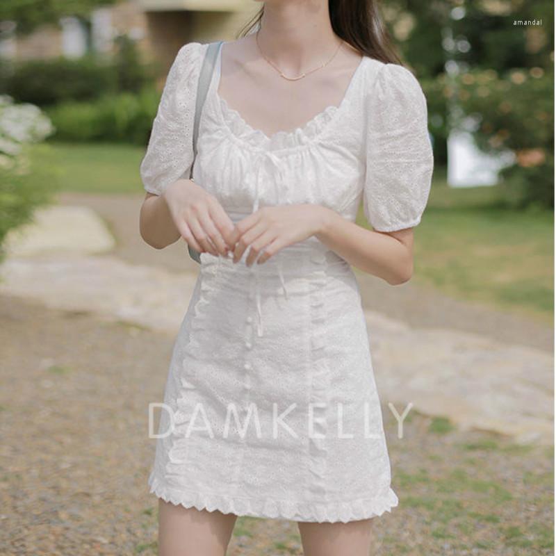 

Party Dresses Heydress French Style Dress Women White Puff Sleeve Lace Chiffon Fairy Casual Korean Japan Kawaii Elegant
