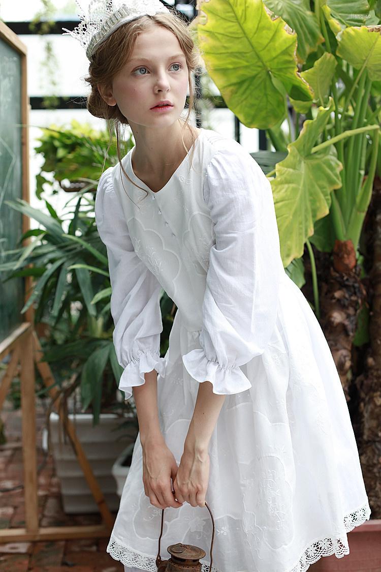 

Casual Dresses Autumn Dress Spring Women Vintage Elegant Slim Handmade Embroidery Midi Princess Mori Girl Cotton Linen White
