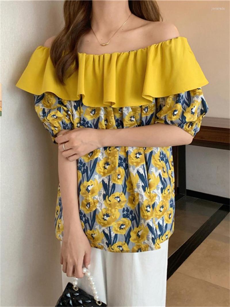 

Women's Blouses HziriP Summer Ruffles Women Fashion Short Sleeve Chic Slash Neck Sweet Slim All Match Streetwear Casual Loose OL Tops, Pink