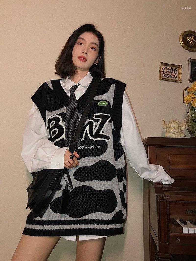 

Women' Vests Vintage Punk Y2k Top V-neck Sleeveless Loose Sweater Vest 2022 Autumn Harajuku Gothic Print Knitted Casual All-match Gilet, Black