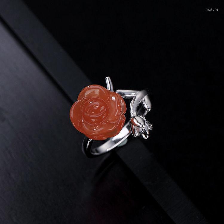 

Cluster Rings S925 Sterling Silver Rose Ring Ladies Natural South Red Agate Retro Personalized Opening Ornament