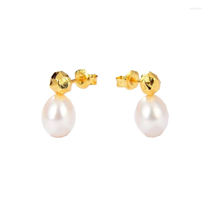 

Stud Earrings Solid 925 Sterling Silver Geometric Rock With Baroque Freshwater Pearl Women Fine Jewelry 18K Gold Color