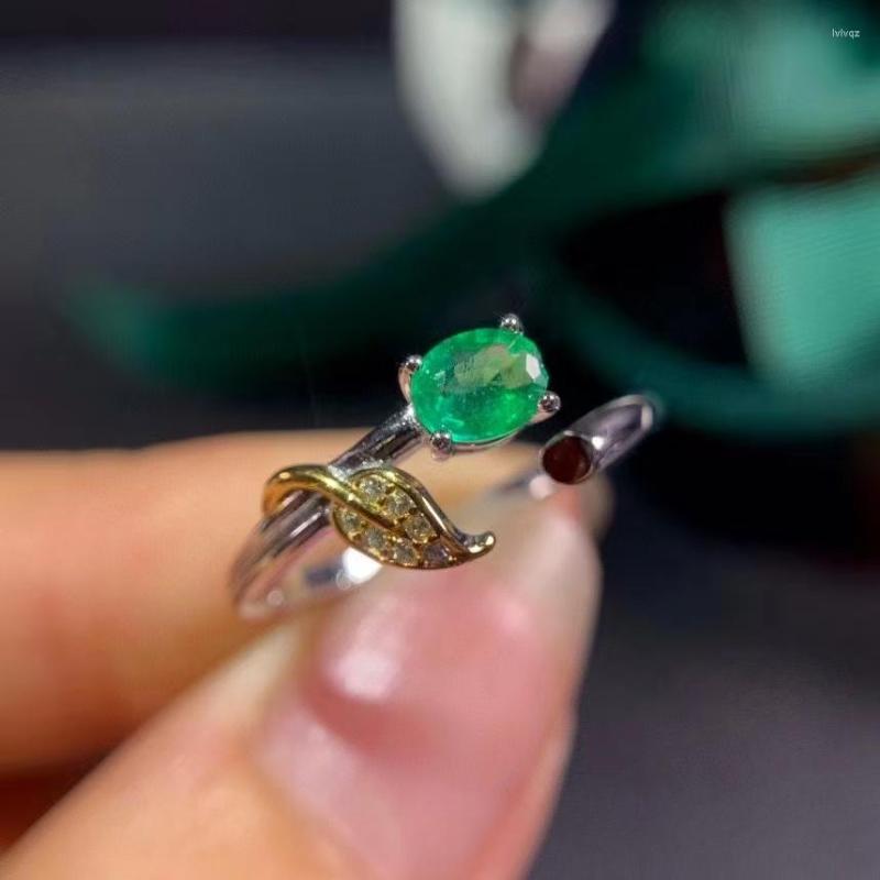 

Cluster Rings Adjustable Size Lovely Leaves Natural Green Emerald Ring S925 Silver Gemstone Women's Girl Party Fine Ewelry