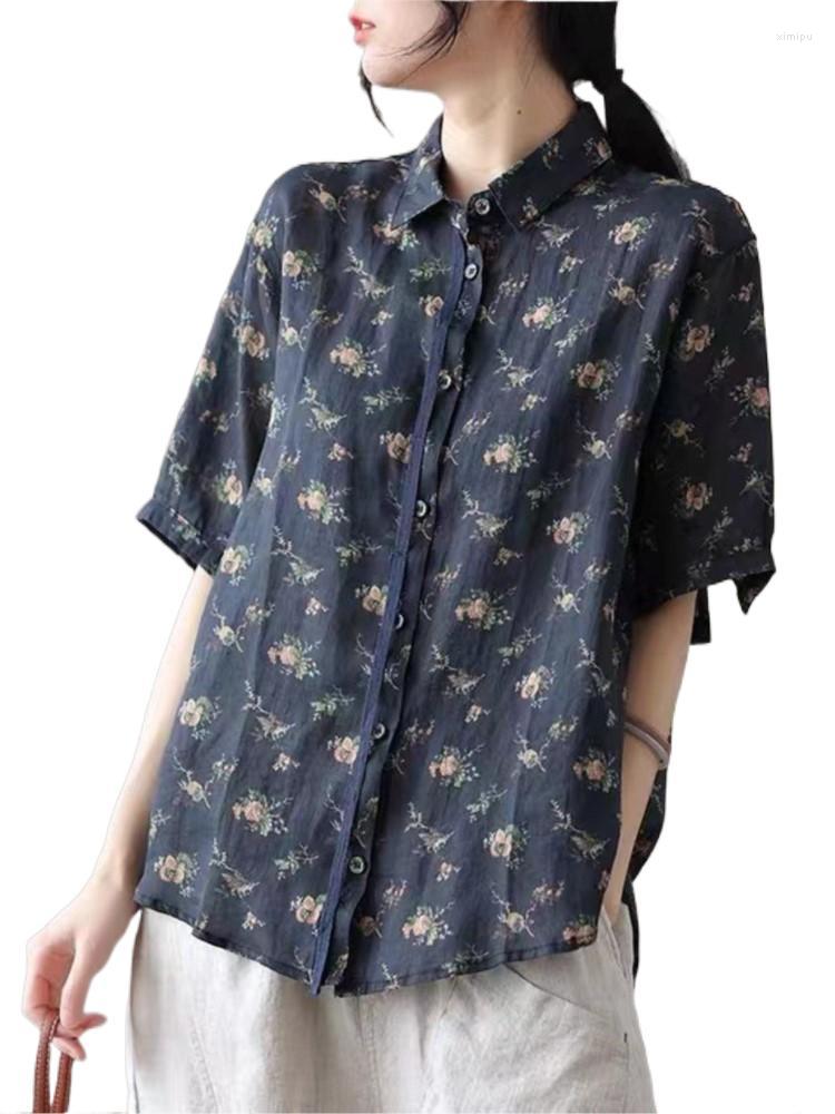 

Women's Blouses QPFJQD Female Ramie Button Short Sleeve Turn Down Collar Vintage Shirts 2023 Summer Women Retro Print Floral And Tops, Gray