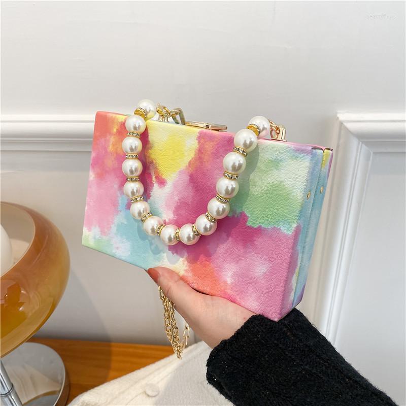 

Evening Bags Party Wedding Box Shape Fashion Tie Dye Women's Purses And Handbags Pearl Wrist Chain Clutch Shoulder Bag, Black