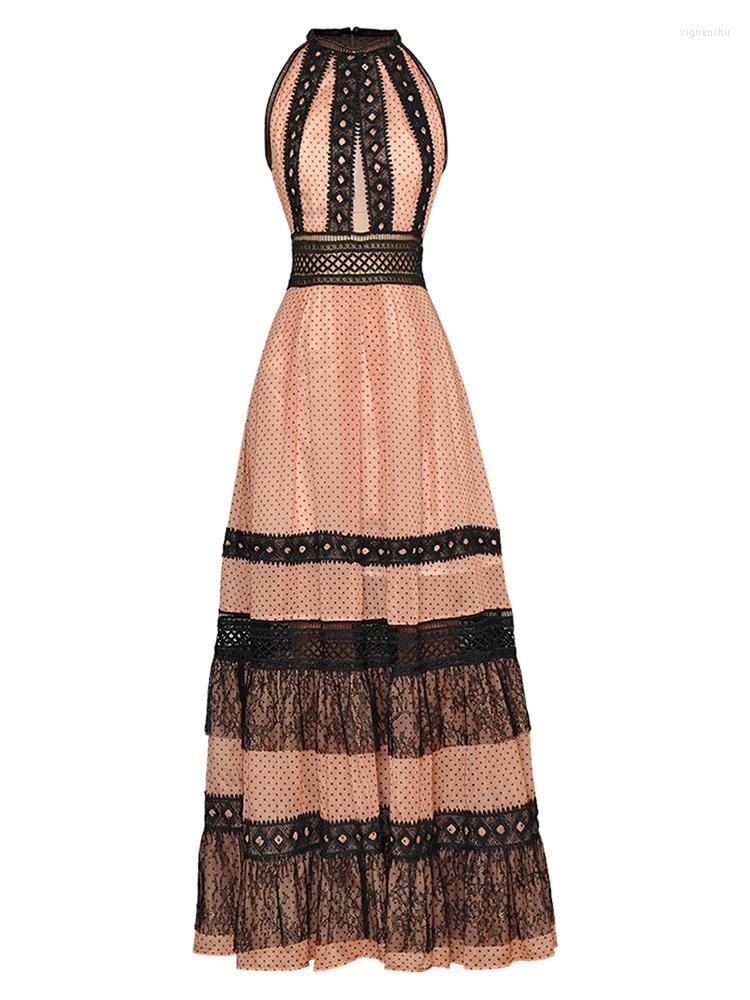 

Casual Dresses Runway 2022 Summer Sexy Long Women Sleeveless Hollow Out Lace Patchwork Dot Slim Ladies Elegant Party, Pink