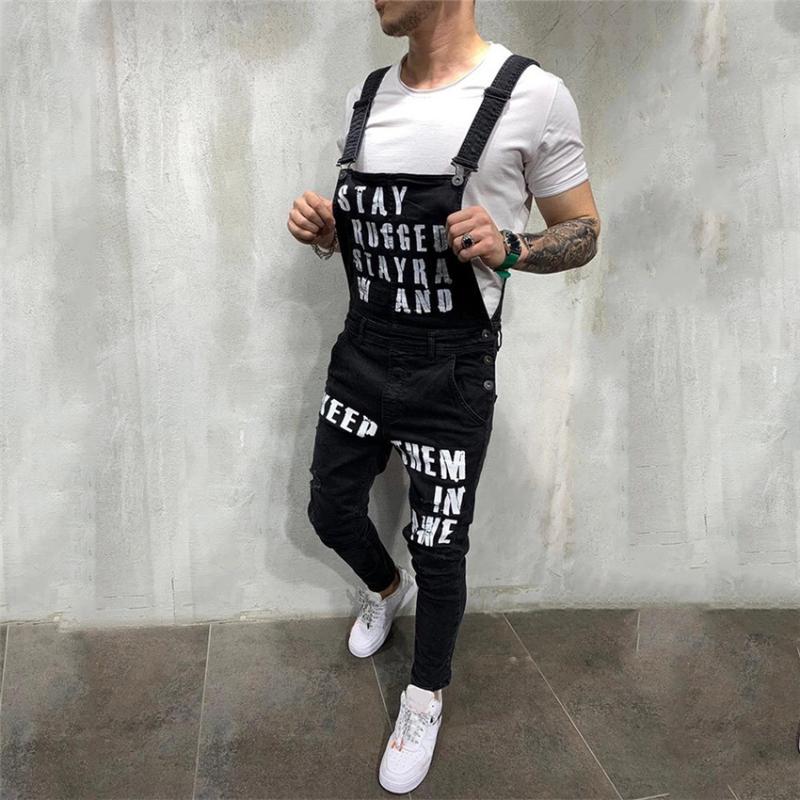 

Men' Jeans 2022 Fashion Ripped Jumpsuits Ankle Length Letter Printing Distressed Denim Bib Overalls For Men Suspender Pants, Black