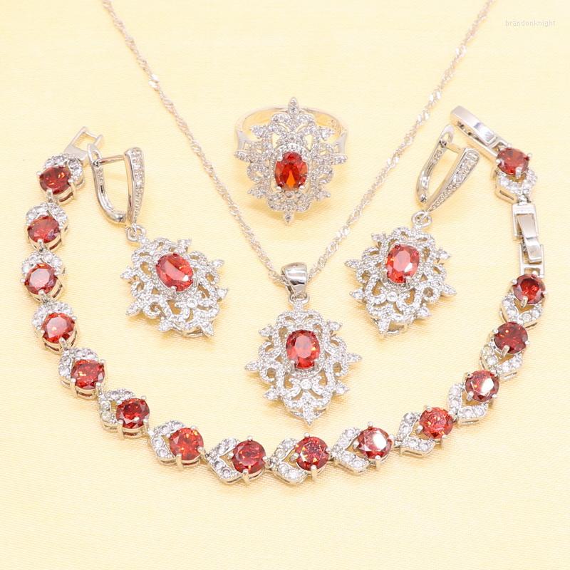 

Necklace Earrings Set XUTAAYI 925 Sterling Silver Wedding For Women Red Zircon Bracelet Pendant Ring Gift Box, Picture shown