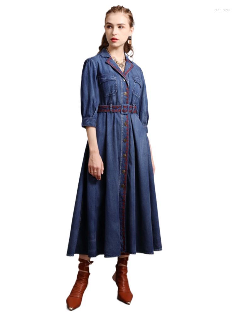 

Casual Dresses QPFJQD Female Embroidery Floral Bandage Dress Button Denim Pockets Women Retro High Waist 2023 Spring Autumn, Denim blue