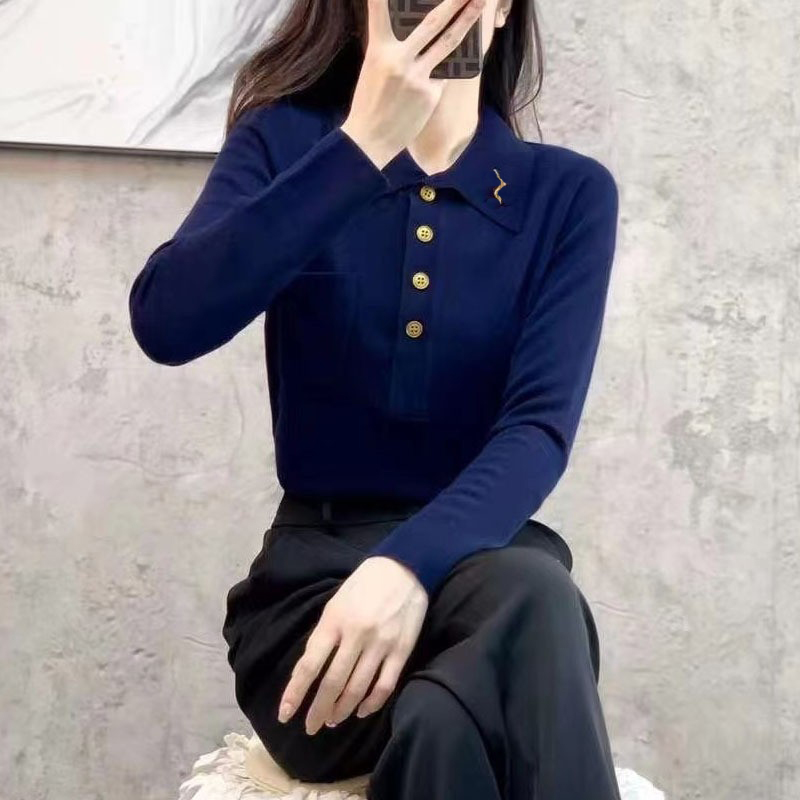 

22 New Fashion Women' Woolen Sweater Spring and Autumn Thin Long Sleeve Lapel Collar Half open chest Versatile Knitwear Single Top Women, White