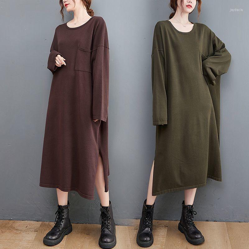 

Casual Dresses Large Women's Clothing Autumn Dress Maxi Robe Solid Color Loose Midi Long Sleeve Tunic Vestidos Female Outerwear, Black