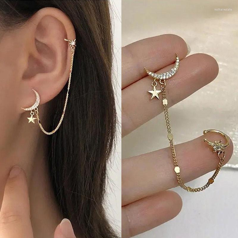 

Backs Earrings Fashion Gold Color Moon Star Ear Bone Clip For Women 2022 Cute Long Tassel Romantic Crystal Wedding Jewelry As Gift