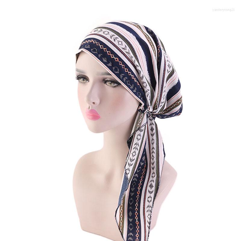 

Ethnic Clothing Women Crinkle Long Tail Hijab Hats Turban Muslim Printed Headwraps Soft Cotton Turbanet Ladies Hair Loss Chemo Cap Headwear