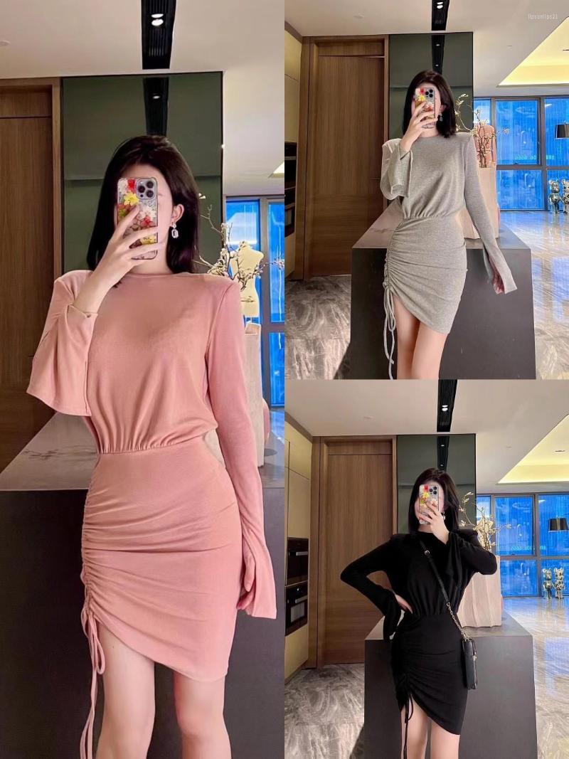 

Casual Dresses Women Side Drawstring Shoulder Padded Robe Long Sleeve Sexy Slim Fit Bodycon Mini Dress, Black
