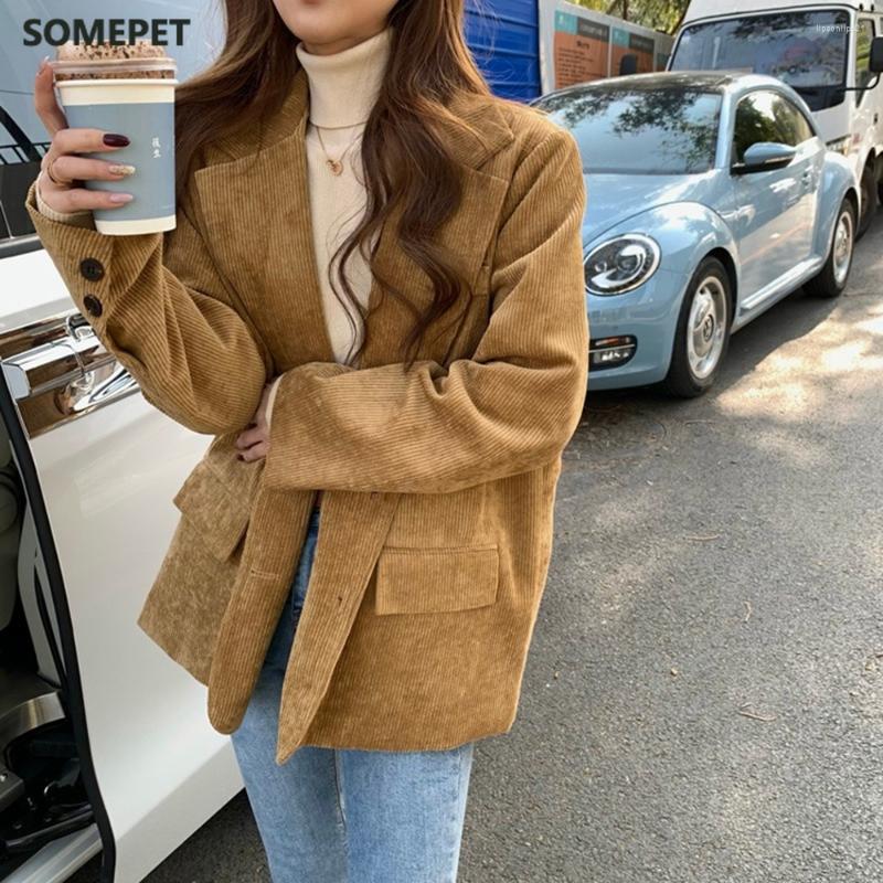

Women's Suits Corduroy Thick Loose Oversized Blazers Women Autumn Winter Korean Long Sleeved Jacket Single Breasted Black Blazer, Beige
