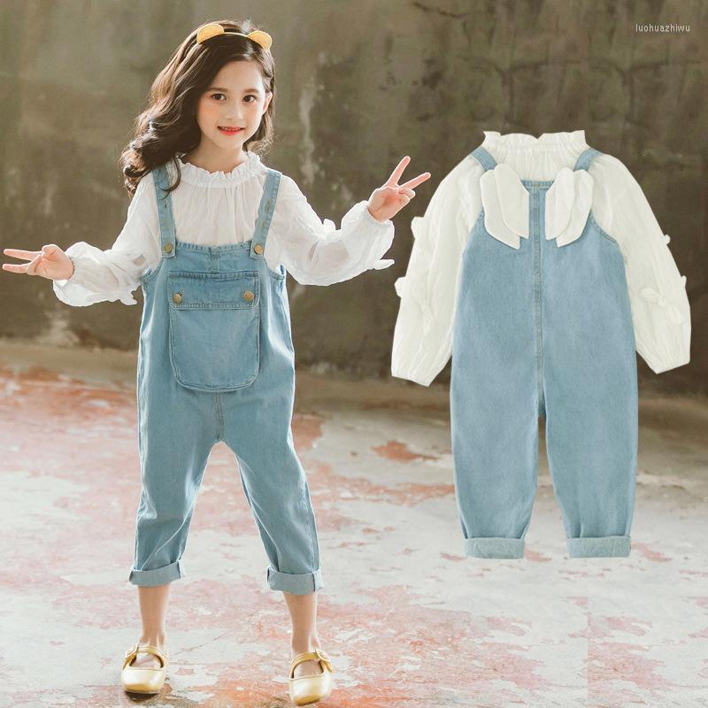 

Clothing Sets Girls 2022 Autumn 2pcs White Blouse Shirts Denim Overalls Jeans Pants Toddler Baby Clothes For Children Outfits