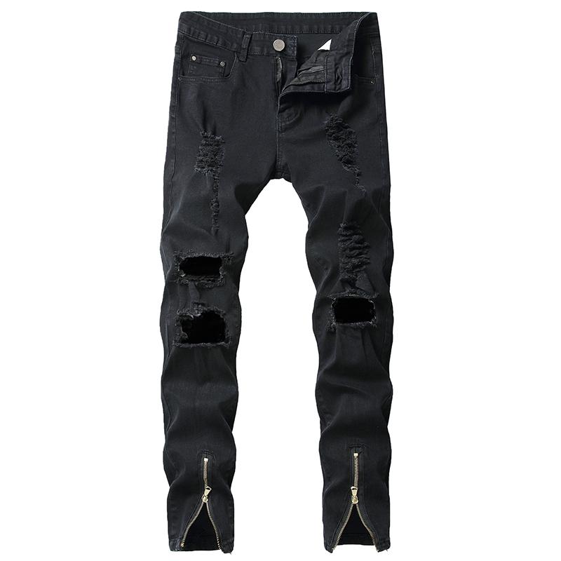 

Men's Jeans 2022 Streetwear Retro Pants Knee Hole Slim Tide Male Hiphop Ripped Personality Denim Trousers Plus Size, Black