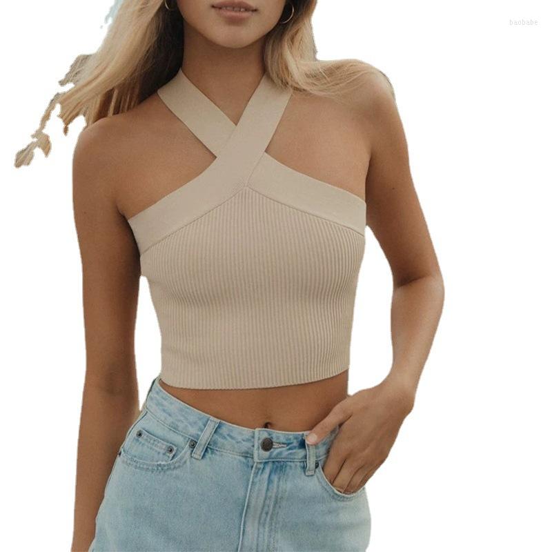 

Women' Tanks 2022 Women Cross Halter Crop Tops Female Knitted Camisoles Solid Sexy Tube Camis Straps Plain For, Brown