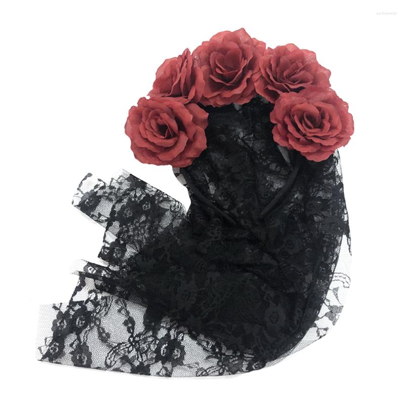 

Bandanas Rose Crown Headband Black Veil Floral For Cosplay Party