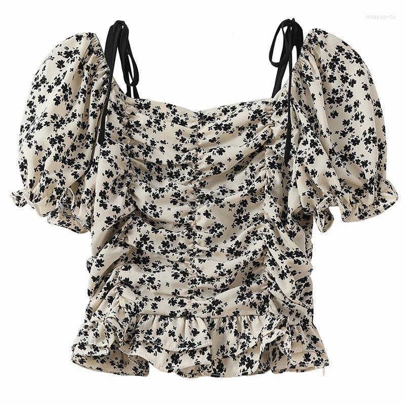 

Women's T Shirts Y2K Female Chiffon Tops Summer Floral Blouse Bubble Sleeve Square Collar Cropped Tees Retro Harajuku Fairy Grunge Shirt, Beige