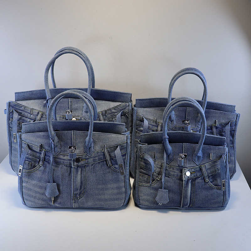 

herme birkin and fashion brand spoof jeans bag net red denim hand bill of shoulder cross body underarm bag, Dark blue 45