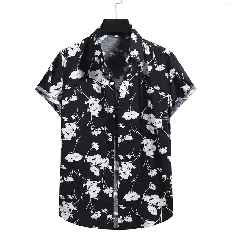 

Men's Casual Shirts Cotton Summer Men Short Sleeve Shirt Button Lapel Collar Vacation Hawaiian Print Blouses Clothing Chemise Homme, Black
