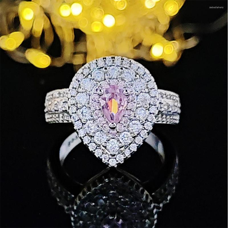 

Wedding Rings 2022 Luxury Pear Pink Silver Color Engagement Ring For Women Lady Anniversary Gift Jewelry Drop Moonso R5066