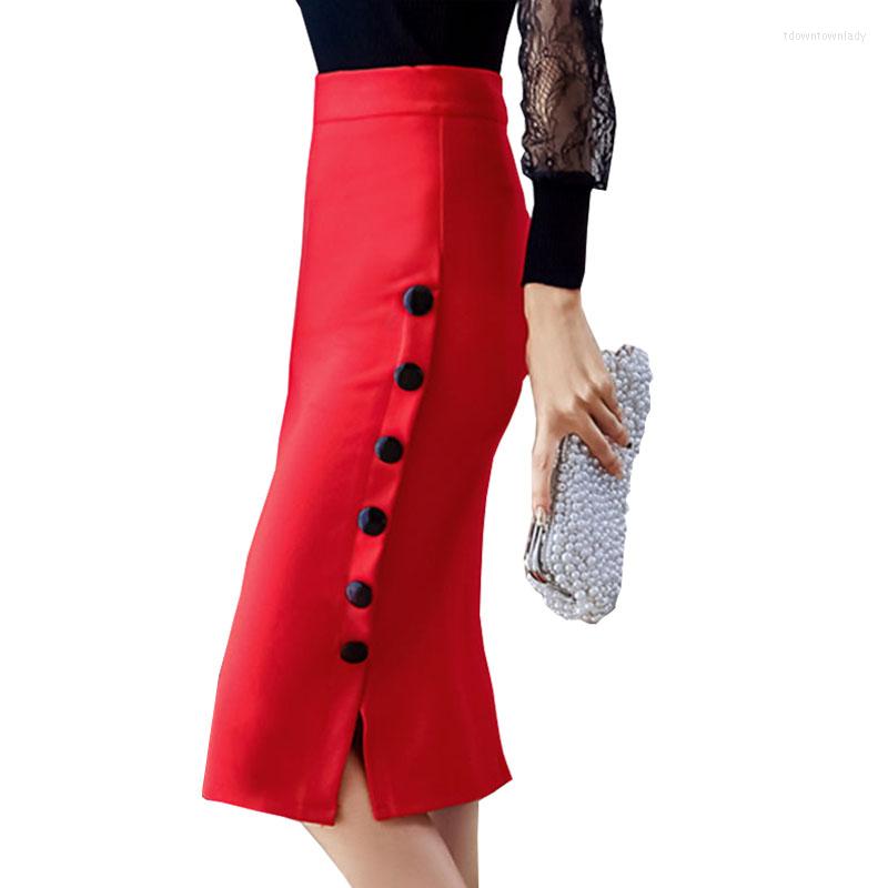 

Skirts Autumn Sexy Women Red Split Pakage Hip Office Lady High Waist Pencil Skirt Midi Long Single Cotton Femme W530, Black