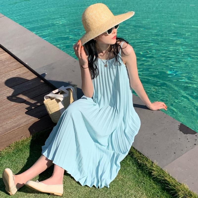 

Casual Dresses 2022 Brand Spaghetti Strap Pleated Chiffon Midi Dress Solid Color Women Summer Vestidos De Mujer, Black