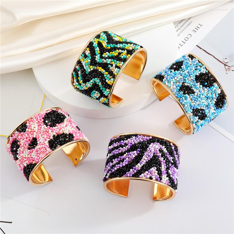 

Bangle European Metal Bead Leopard Bracelet For Women Fashion Colored Stripe Adjustable Wide Cuff Party Wedding Jewelry