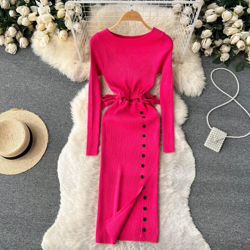 

Casual Dresses Solid Color Women's Clothes O Neck Streetwear French Ribbed Robe Y2K Korean Fashion Green Sexy High Waist Party Elegant, Orange