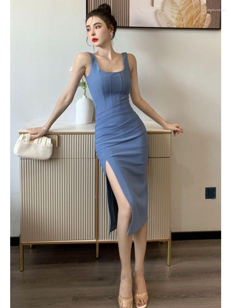 

Casual Dresses Elegant Midi Backless Spaghetti Strap Dress For Women Maxi Fashion Summer One Piece Bodycon Party Robe Vestidos, Blue
