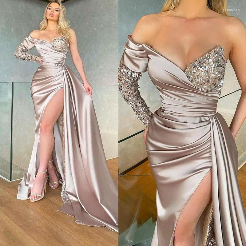 

Party Dresses Luxury Satin Prom Women Mermaid Aso Ebi Evening Gowns With Detchable Train Custom Made High Slit Formal Dress, Auburn