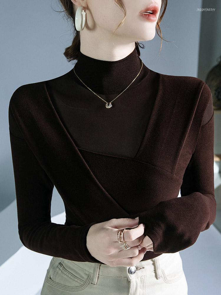 

Women' T Shirts Delong High Collar Long Sleeve T-shirt Base Coat For Women' Autumn And Winter Gauze Splicing Perspective Sexy Top, Black