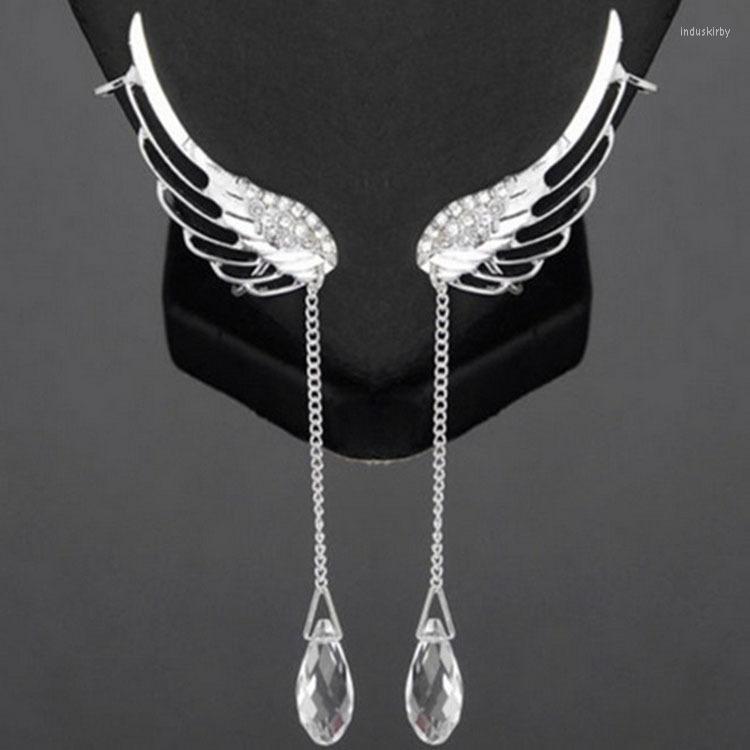 

Backs Earrings Angel Wing Clip On No Pierced Ears Statement Jewelry CZ Crystal Tassel Without Piercing