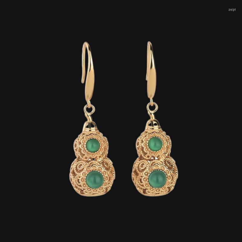 

Dangle Earrings Green Jade Gourd Gifts Talismans Amulets Luxury Natural Gift Vintage Jewelry 925 Silver Charms Women Stone Chinese
