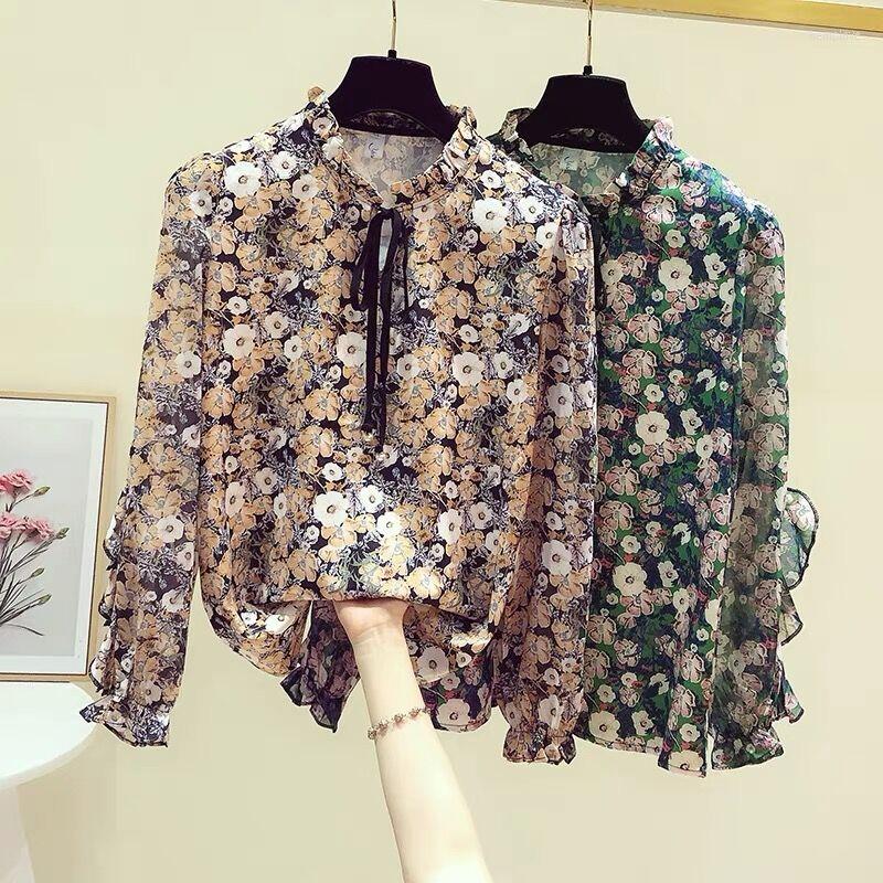 

Women' Blouses Vintage Floral Printing Ladies Shirts Women' Chiffon Spring Autumn Long Sleeve Tops Blusas Camisas De Mujer, Green