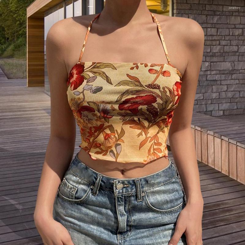 

Women' Tanks Printing Women Tank Tops Backless Sexy Rave Outfits Sleeveless Cross Lace Up Bralette Crop Top Summer Streetwear, Yellow