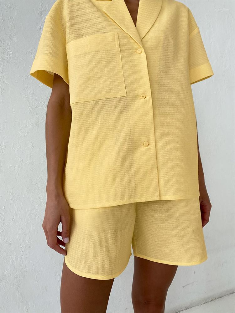 

Women' Tracksuits 2022 Women Spring Summer Solid Yellow Holiday Shorts Sets Loose Fit Outfits Casual Suit Cotton Linen 2 Two Piece Set For