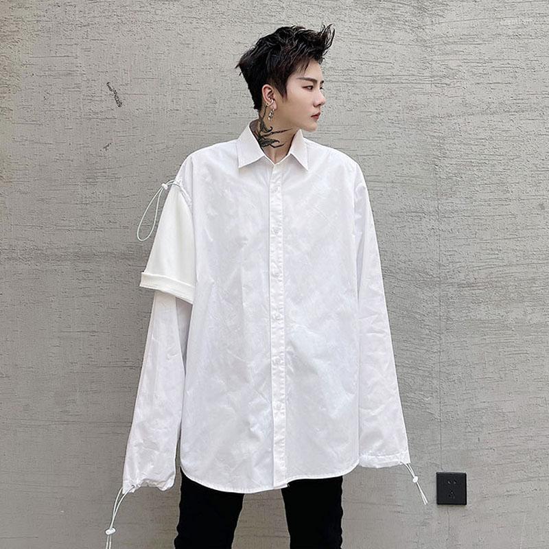 

Men's Casual Shirts Men Splice Drawstring Long Sleeve Loose White Shirt Male Streetwear Hip Hop Fashion Show, C228