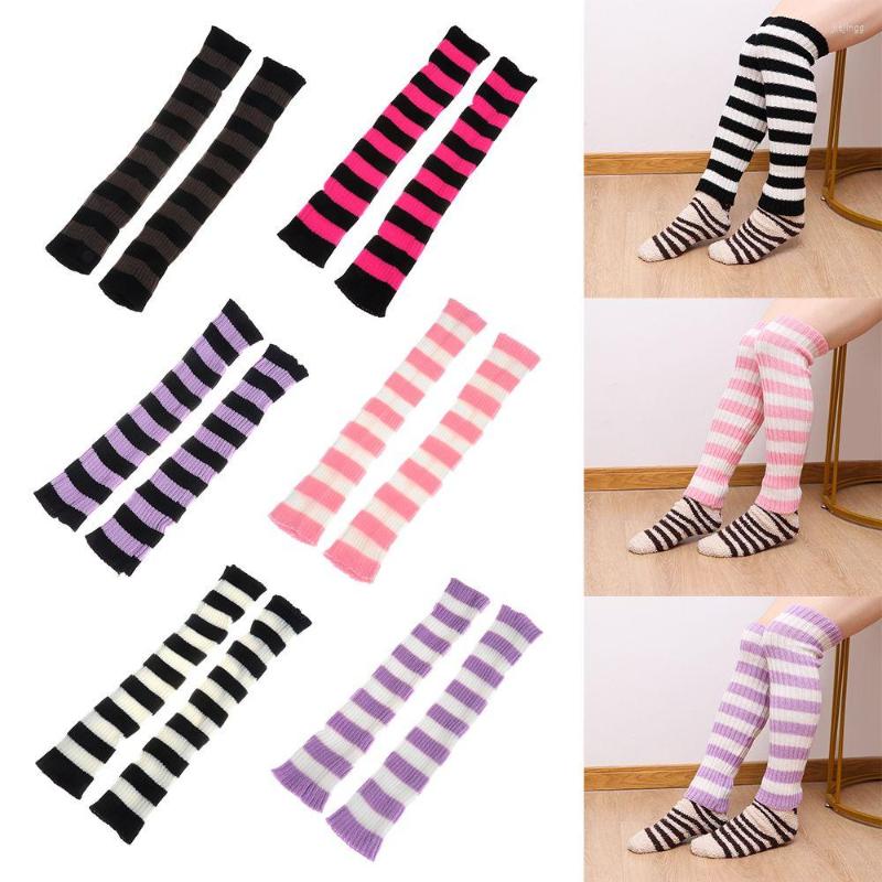 

Women Socks Lolita Knitted Girls Over The Knee Stripe Color Matching Pile Latin Ballet Dance Protector, White purple