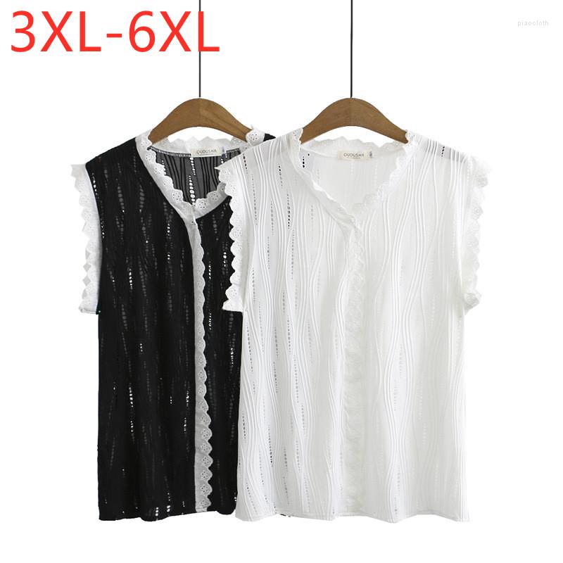 

Women's Blouses 2022 Ladies Summer Plus Size Knit Tops For Women Large Blouse Sleeveless Slim Cotton White Lace V-neck Shirt 3XL  5XL 6XL, Black