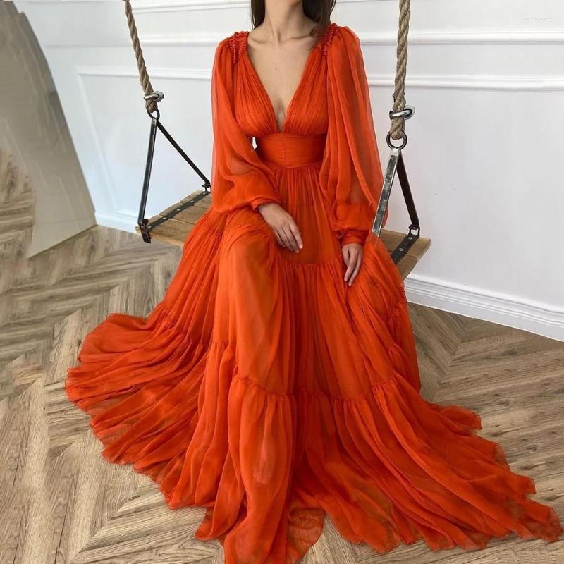 

Party Dresses LORIE Long Puff Sleeves Chiffon Prom 2022 V-Neck Pleats Princess Evening Gowns Women Dress Plus Size, Yellow
