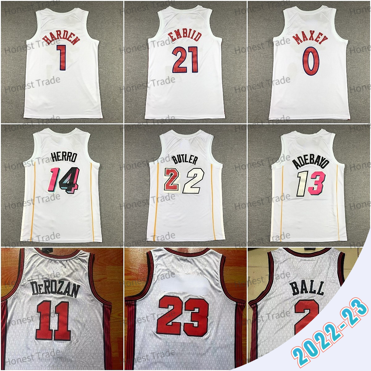 

2022 23 New 22 Jimmy Butler Basketball Jersey Bam Adebayo DeMar DeRozan Tyler Herro James 1 Harden Tyrese Joel Embiid Maxey Mens Jerseys Stitched White, Men jersey