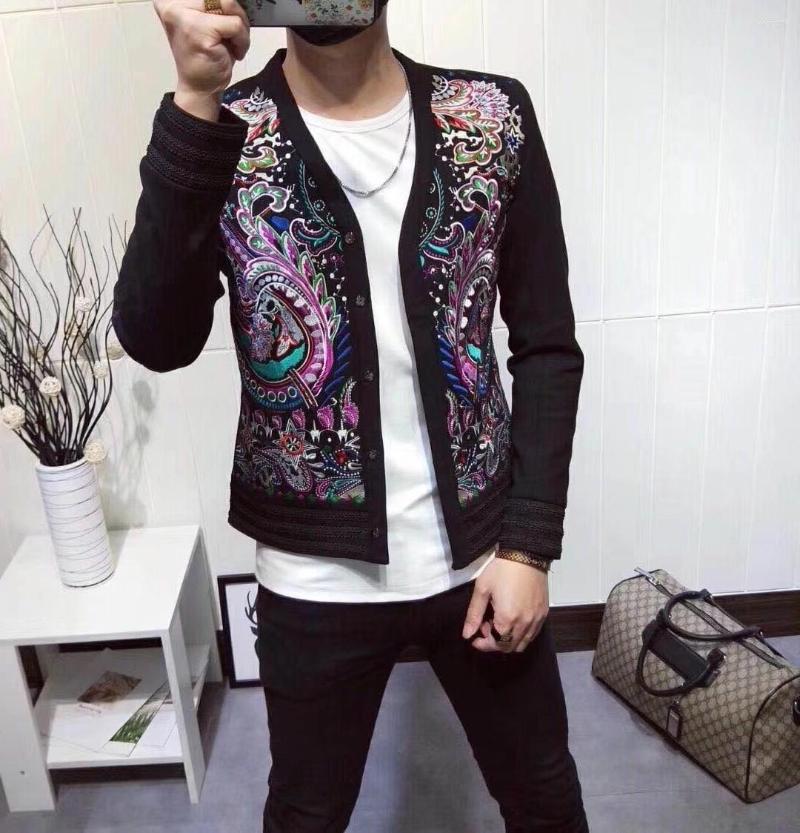 

Men's Suits Heavy Embroidery Jacket Self-cultivation Star Handsome Coat Homme Heren Colberts Men Blazer Show Night Store Ma, Black