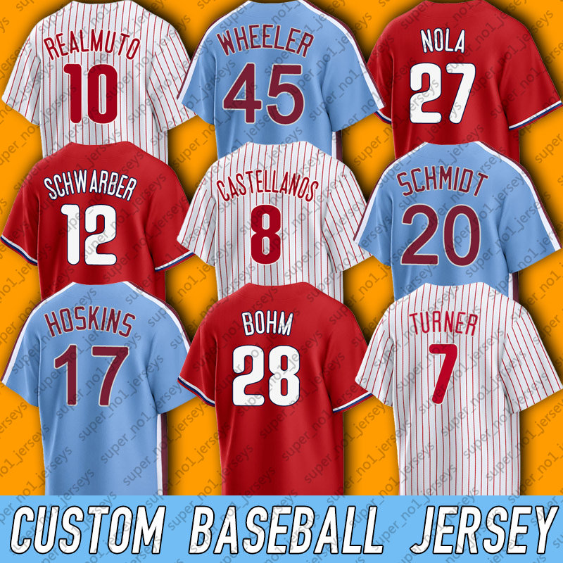 

Philadelphia 7 Trea Turner Phillies Baseball Jersey Bryce Rhys Hoskins Harper Aaron Nola Alec Bohm Jerseys Kyle Schwarber Nick Castellanos JT Realmuto Mike Schmidt, Man custom jersey (fcr)